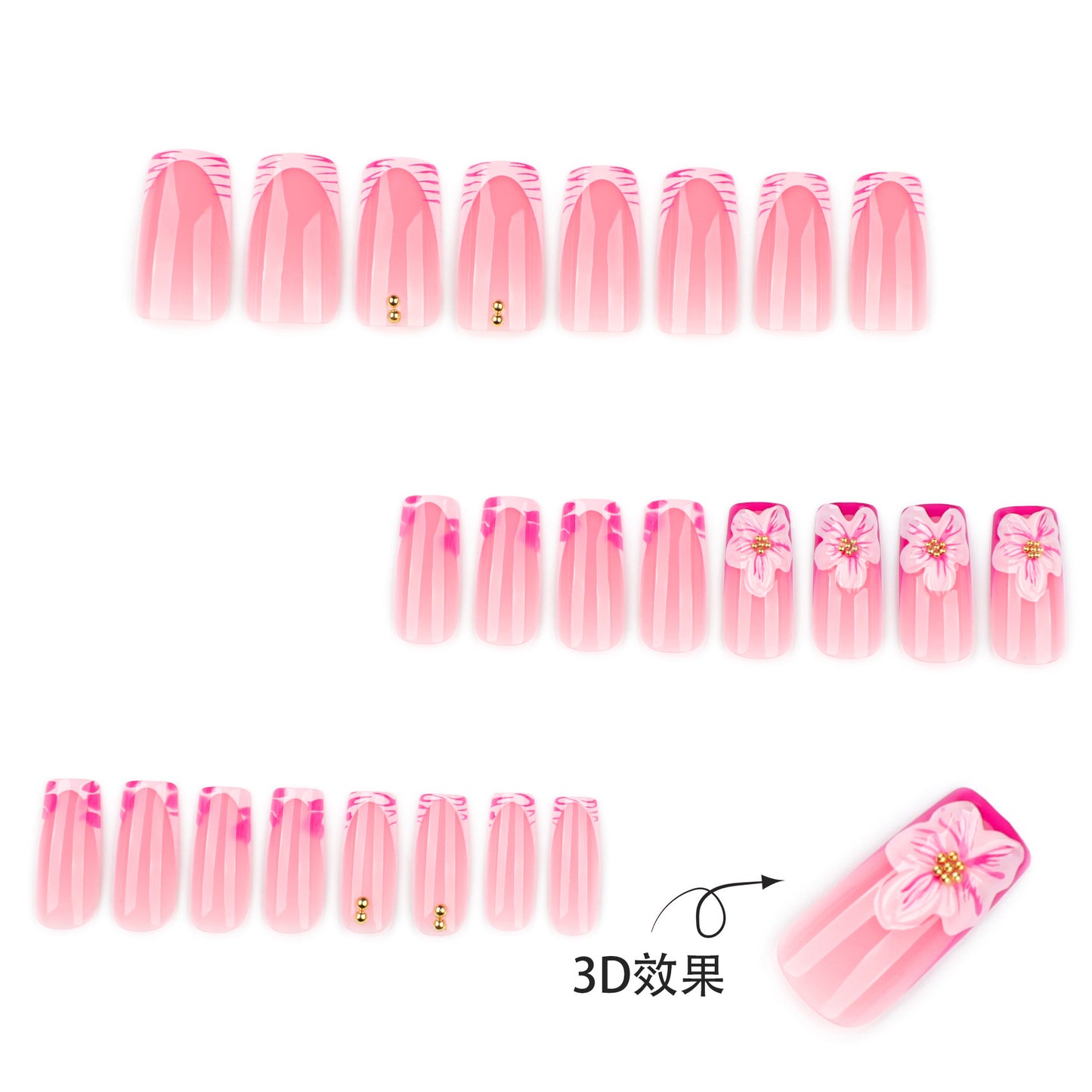 Unhas postiças com estampa de zebra rosa francesa, médias e longas, quadradas, manicure com flor 3D e unhas postiças |365nails
