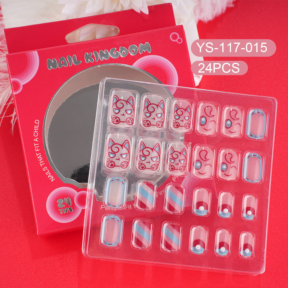 Children press on nails, cartoon 24-piece boxed finished product, sweet and cute children's removable fake nail patch manicure