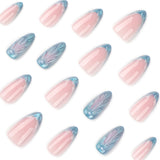 3D Water Drop Blue Cat's Eye French Short Almond press-on nails