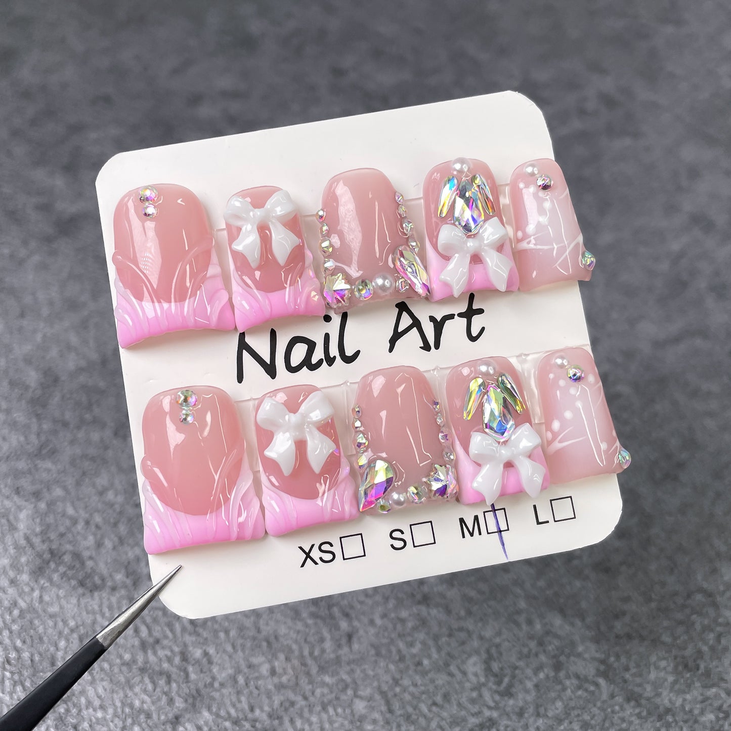 Unhas bico de pato, arte de unhas com laços fofos e delicados, blush francês translúcido, unhas postiças feitas à mão 365nails
