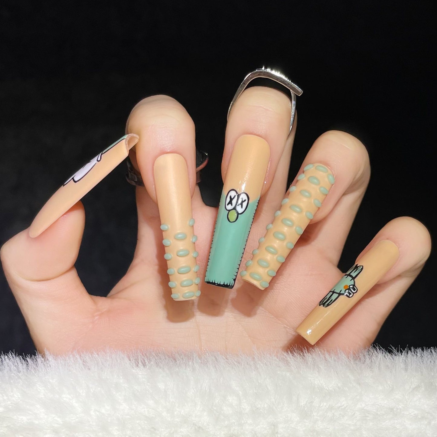 Extra long funny cartoon cute handmade nails personalized hand-painted fake nails removable nail | 365nails