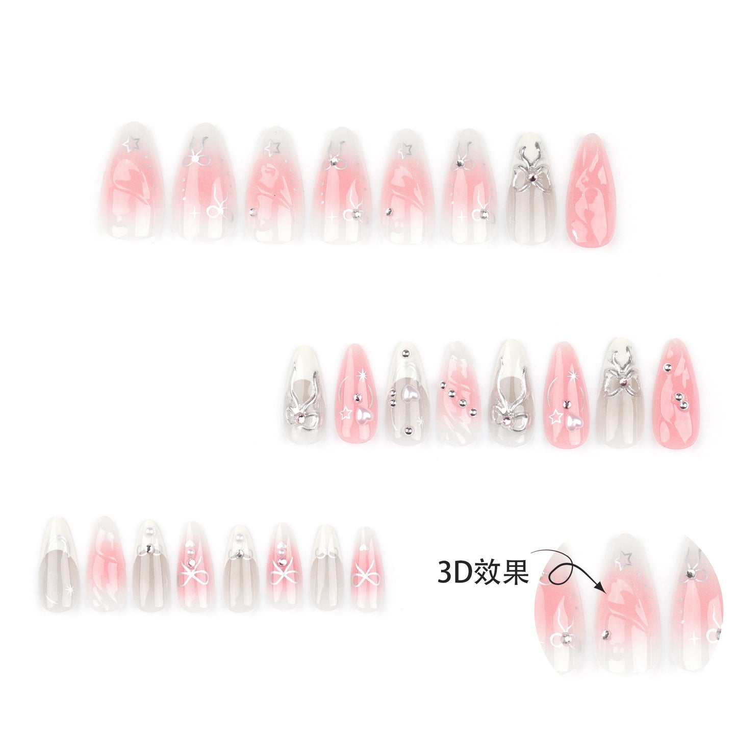 24 pieces 3D bow manicure three-dimensional handmade magic mirror powder wearing nail French love blush fake nail nail piece