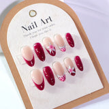 French burgundy 3D three-dimensional flower short almond press-on nails
