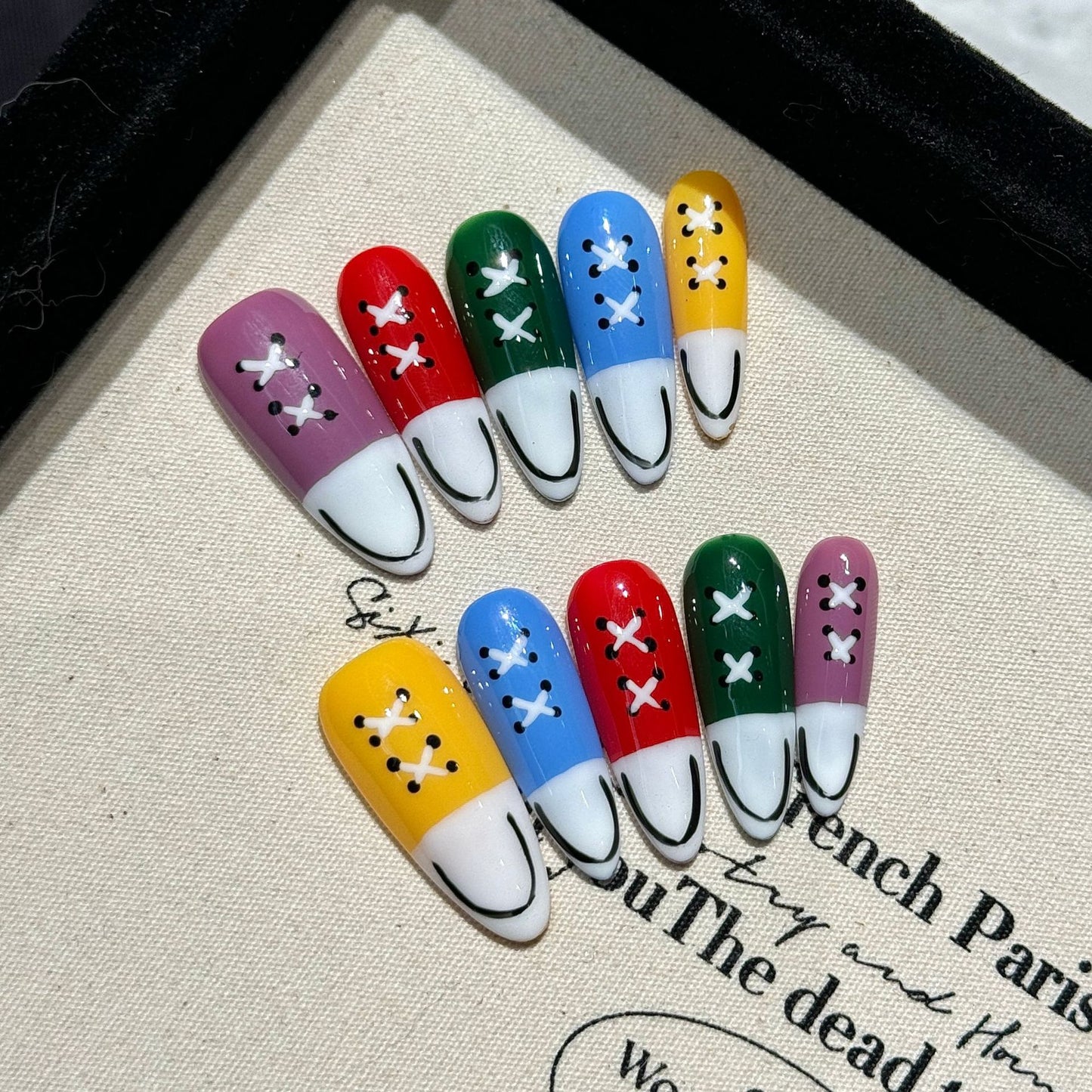 manicure extra long five-color canvas shoes pure handmade press on nails hand-painted nail products | 365nails