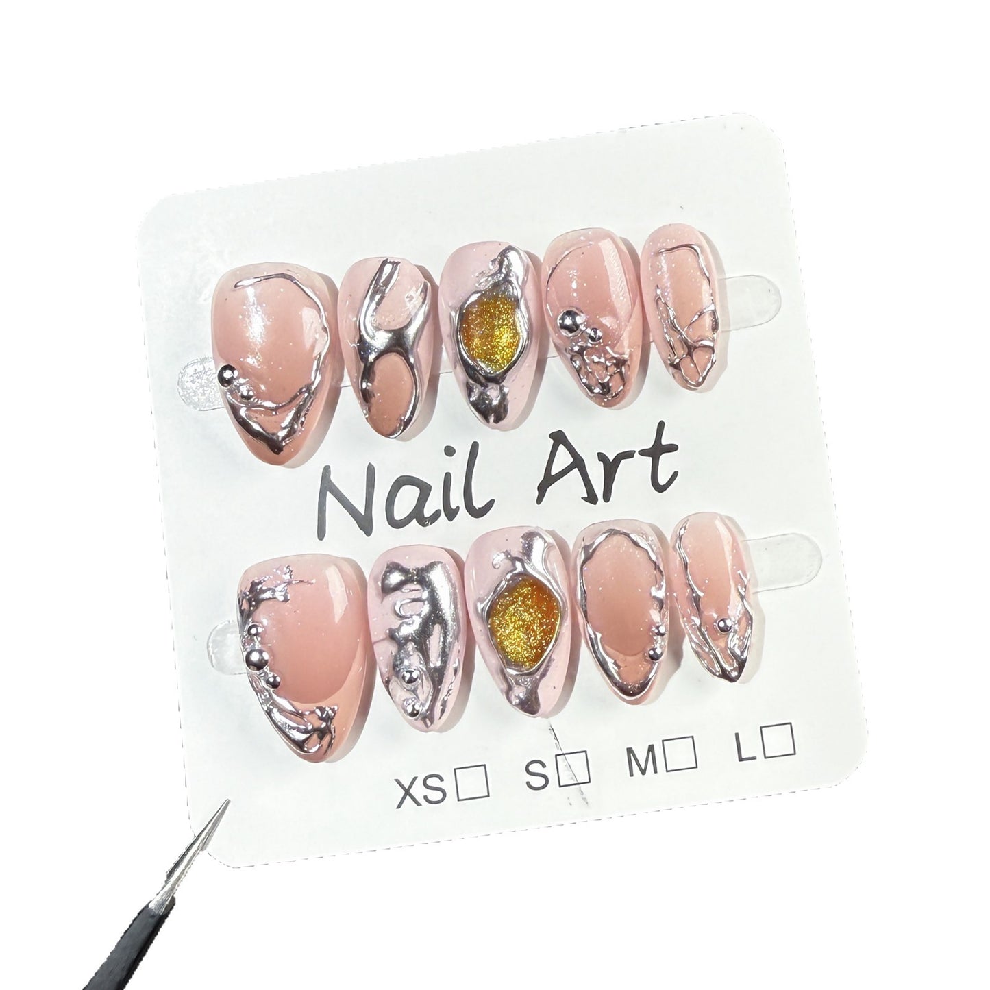 Metal irregular relief press-on nails blush nail short French almond nail patch|365nails