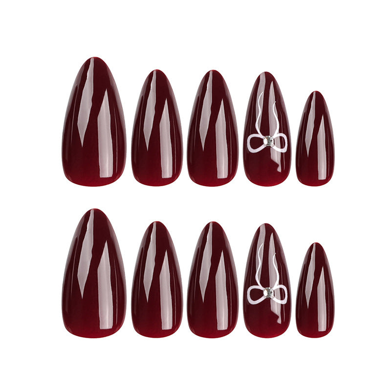 Burgundy solid color simple ins nail art piece Valentine's Day bow point diamond almond wholesale|365nails