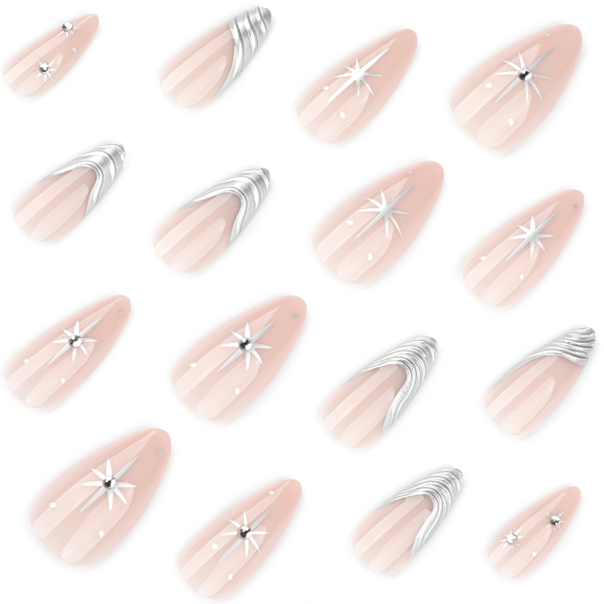 French 3D Silver Metallic Wind Pink Short Almond press-on nails