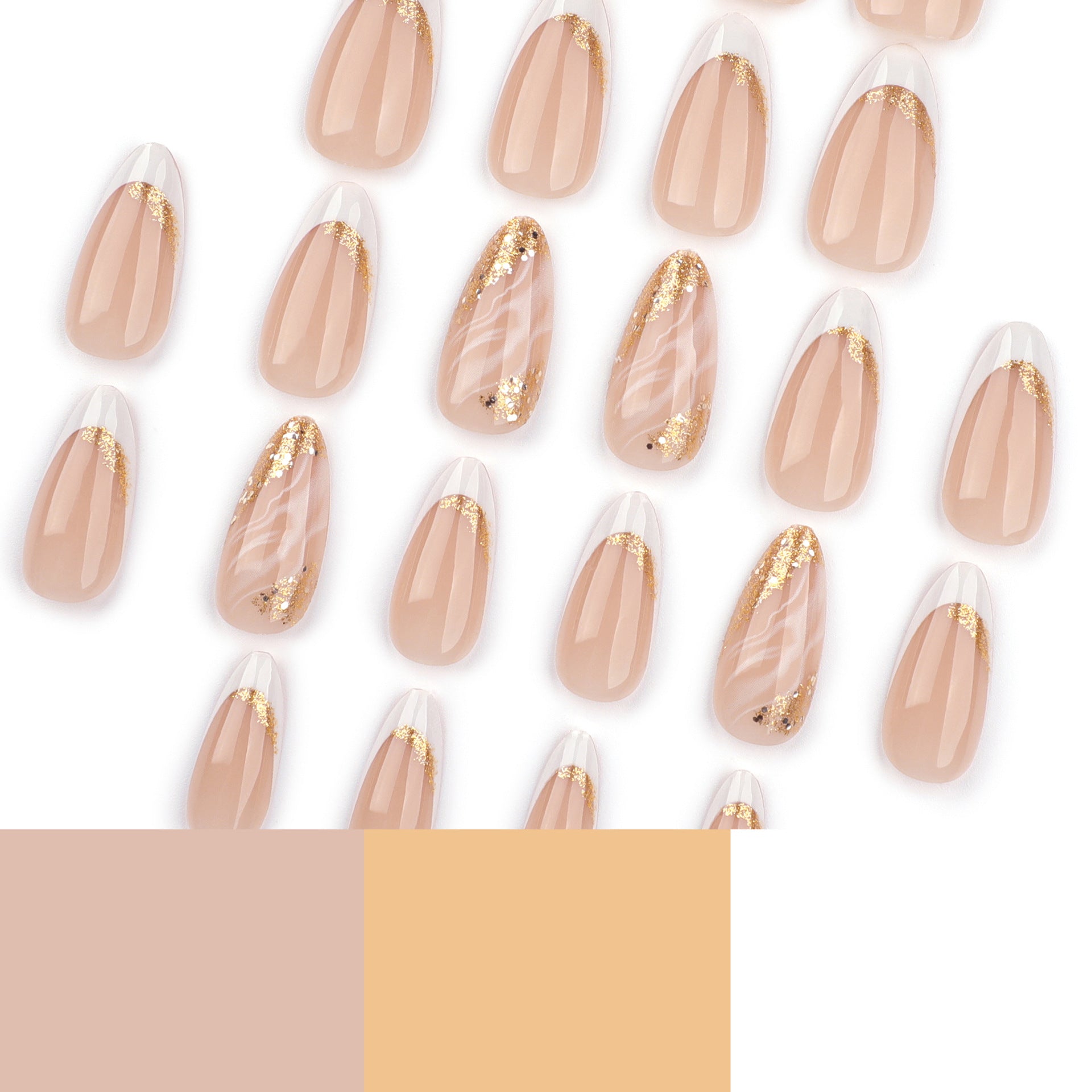 Uñas francesas clásicas blancas simples, uñas postizas con purpurina dorada, uñas con efecto difuminado y grietas, producto terminado al por mayor | 365nails