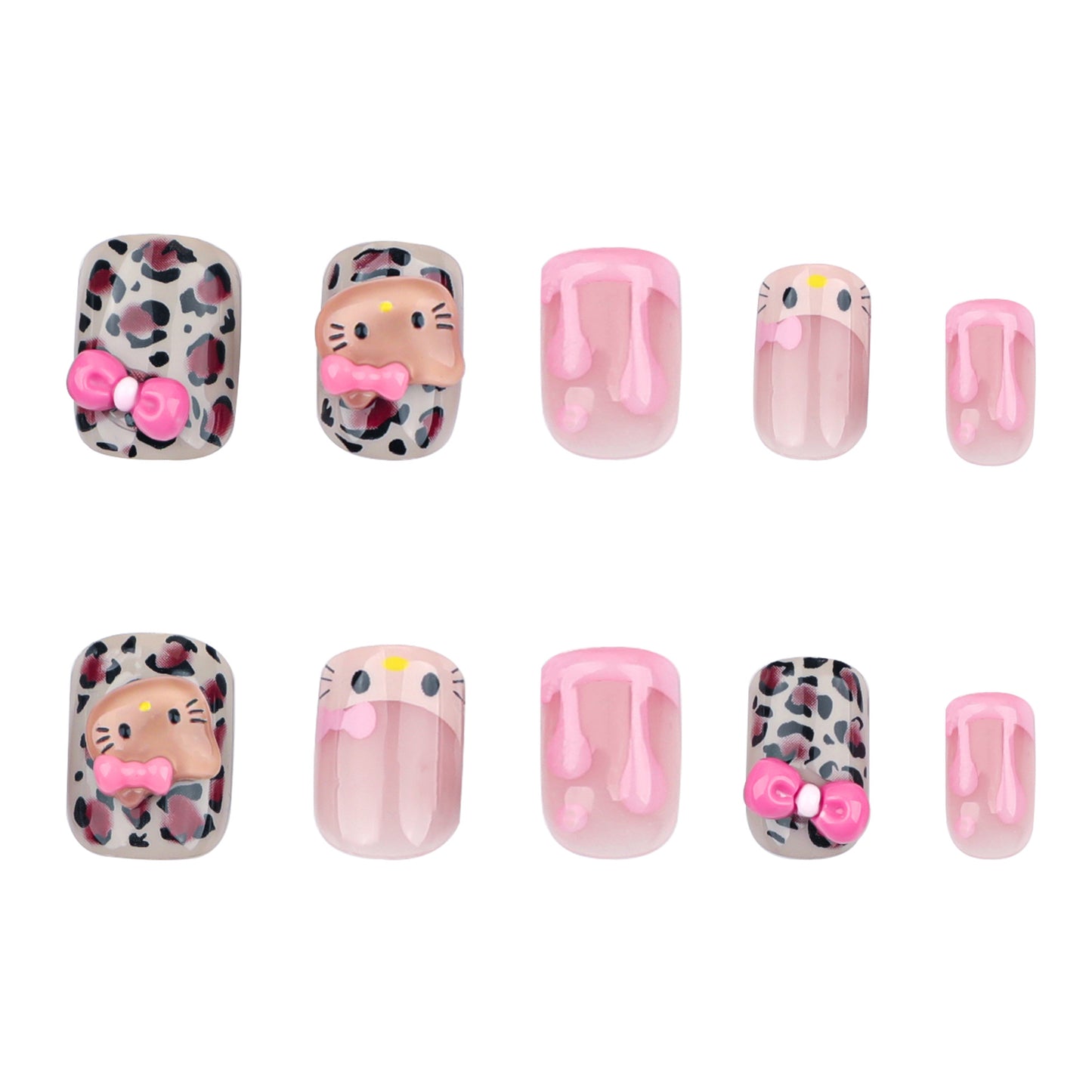 Unhas de pressão com laço de gato tridimensional, manicure francesa 3D em bolo de creme rosa, peça de unha com estampa de leopardo para outono e inverno|365nails