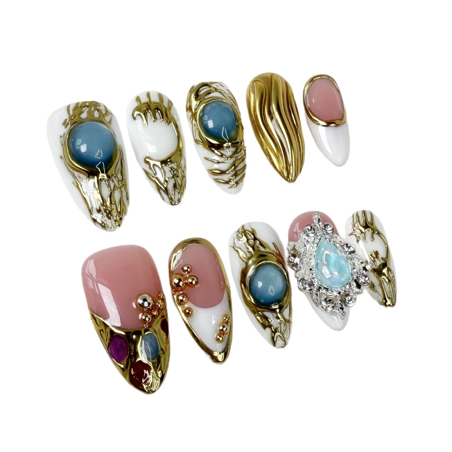 Metal relief almond-shaped nail art ice-penetrating French pure desire heavy industry press-on nails pure handmade|365nails