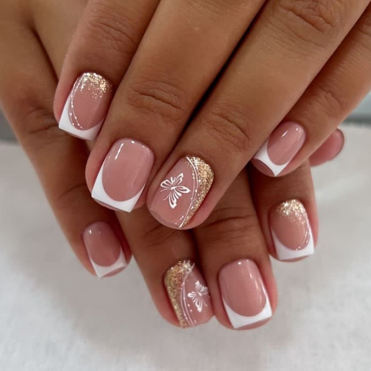 Simple French White Butterfly Gold Glitter Square press-on nails