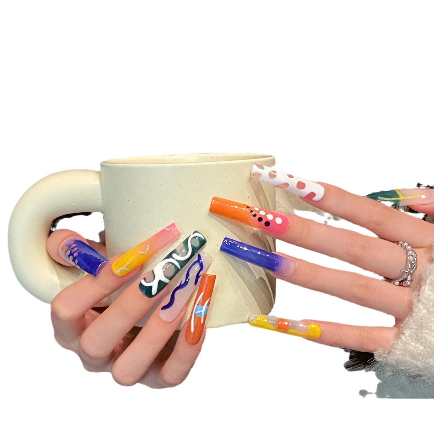 Extra long funny cartoon cute handmade nails personalized hand-painted fake nails removable nail | 365nails