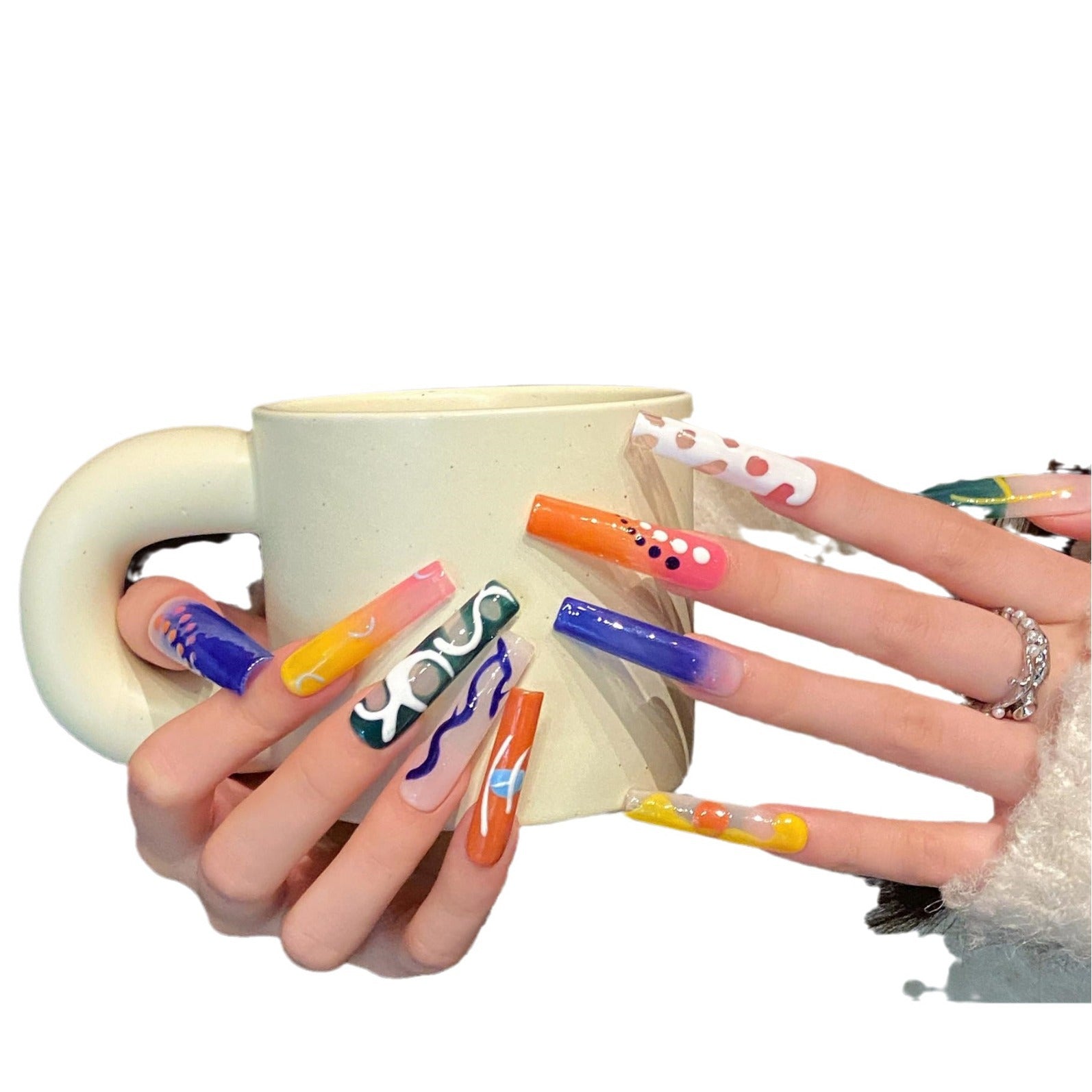 Unhas postiças extra longas, engraçadas, de desenho animado, fofas, feitas à mão, personalizadas, pintadas à mão, removíveis | 365nails