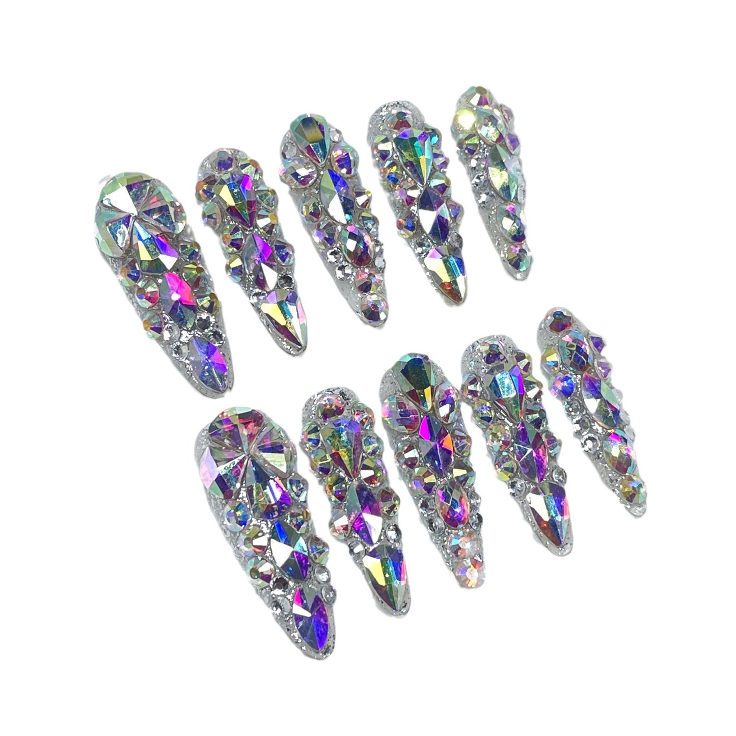 Adesivo de unha postiço Flash Handmade K9 Aurora AB Symphony com ponta longa e diamante completo para unhas vestíveis | 365nails