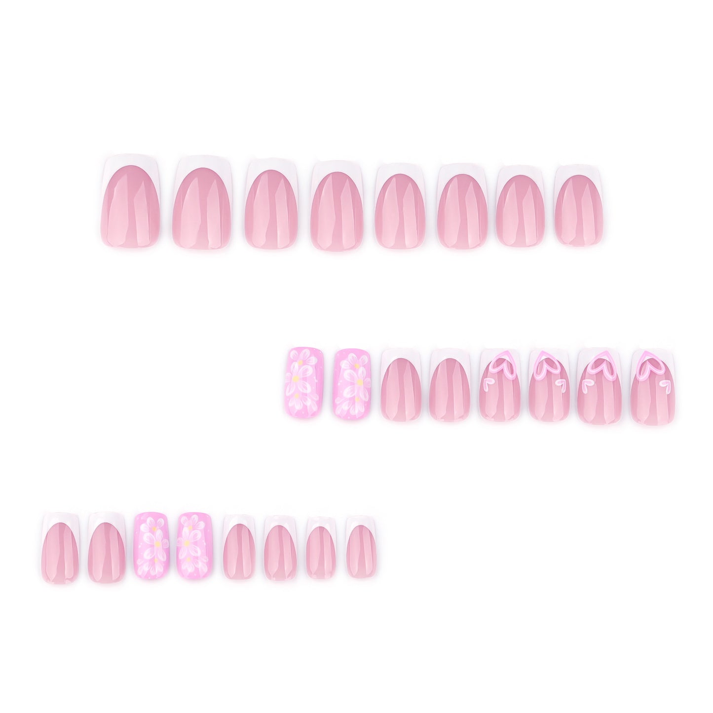 Spring and summer new products, flower love wearing nail French white manicure, medium and short square nail fake nail, hot-selling nail pieces in Europe and America|365nails