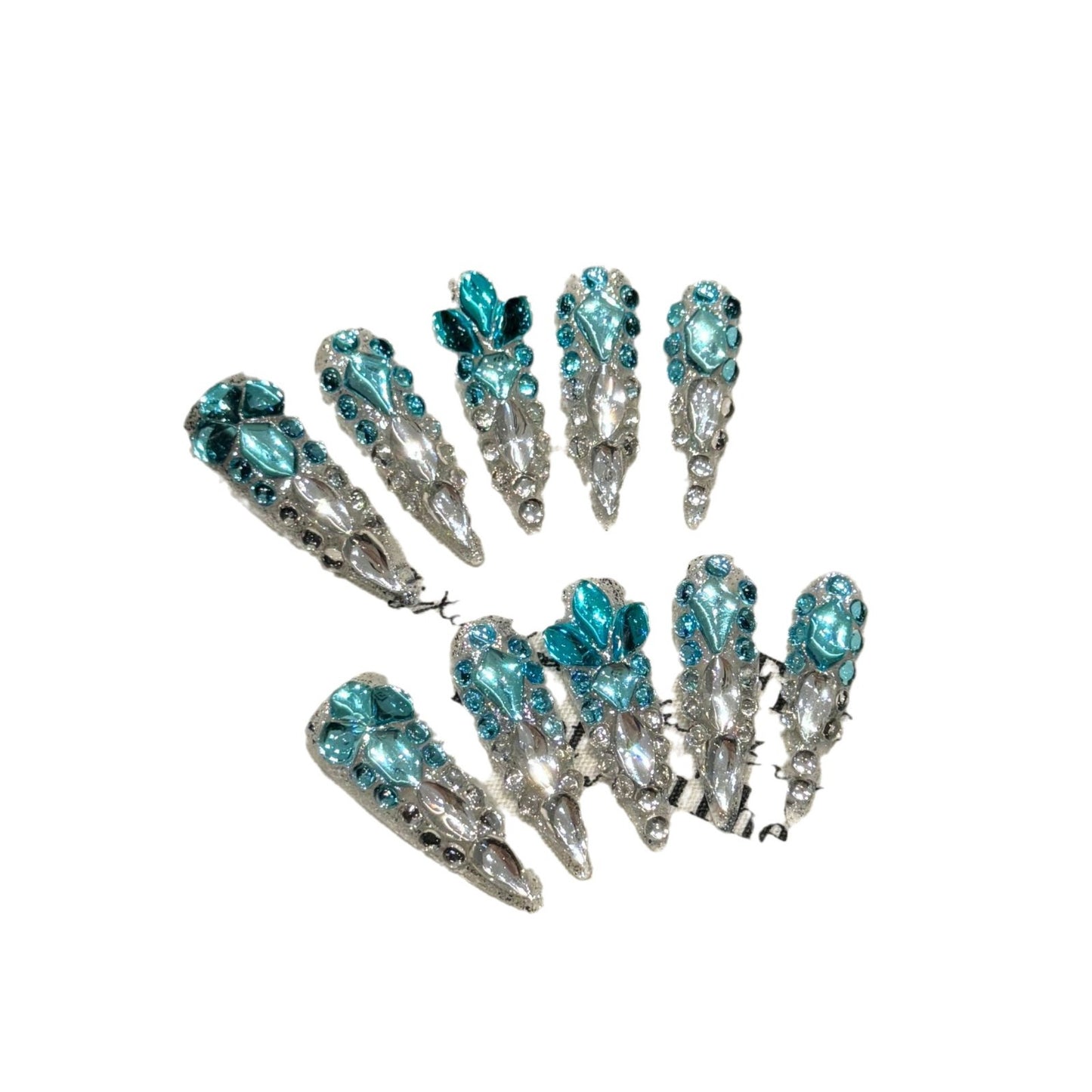 Light luxury full of diamonds and flash blue seabed pure handmade nails | 365nails