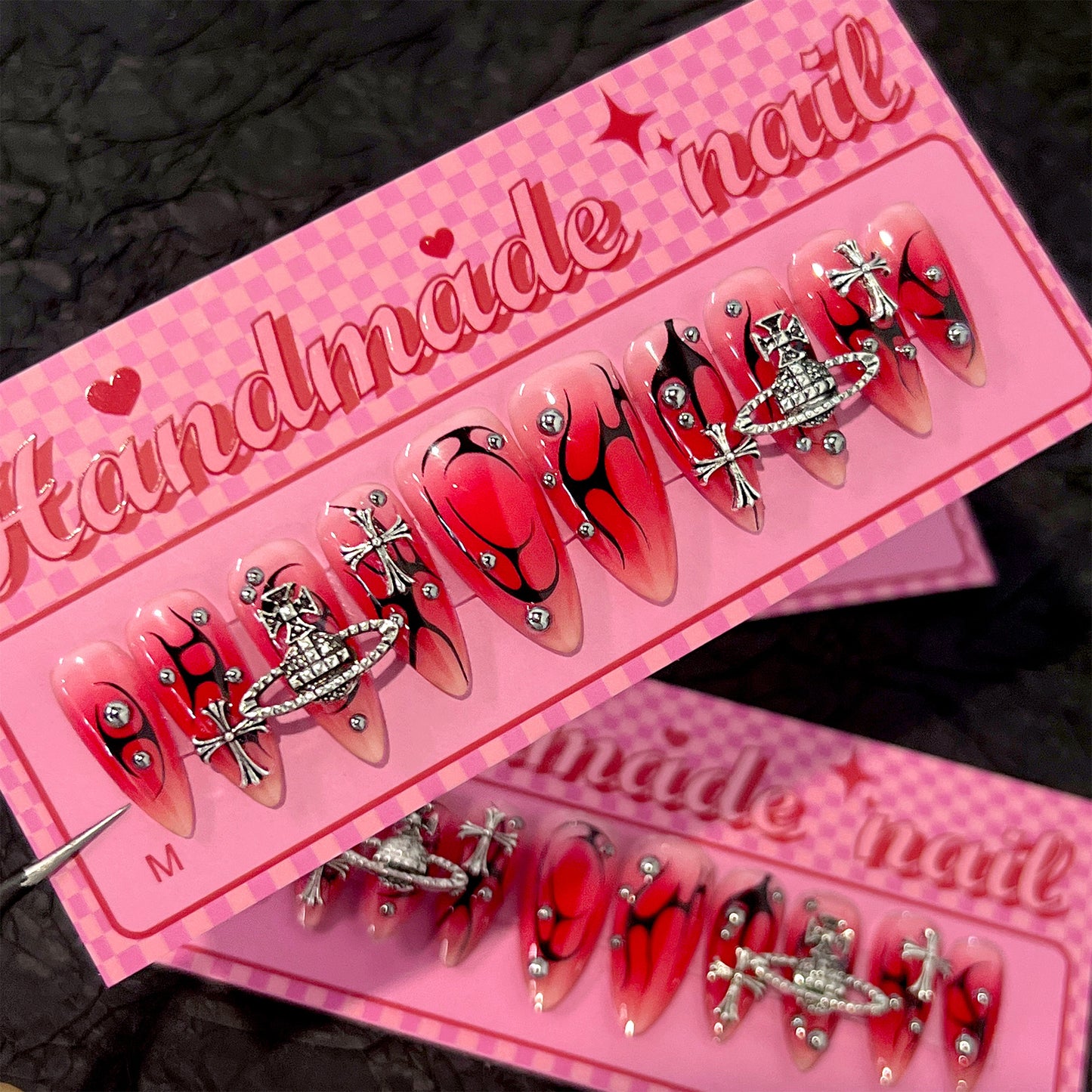 Red-Black Flame Press-On Nails | Stiletto | Handmade with Silver Cross & Planet Charms