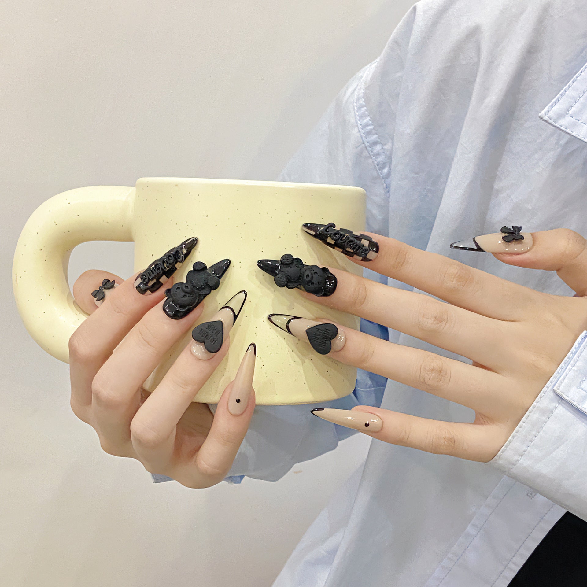 Handmade Wear Nail Black Checkerboard Bear Love Versatile Wear Nail Nail Art Removable | 365nails