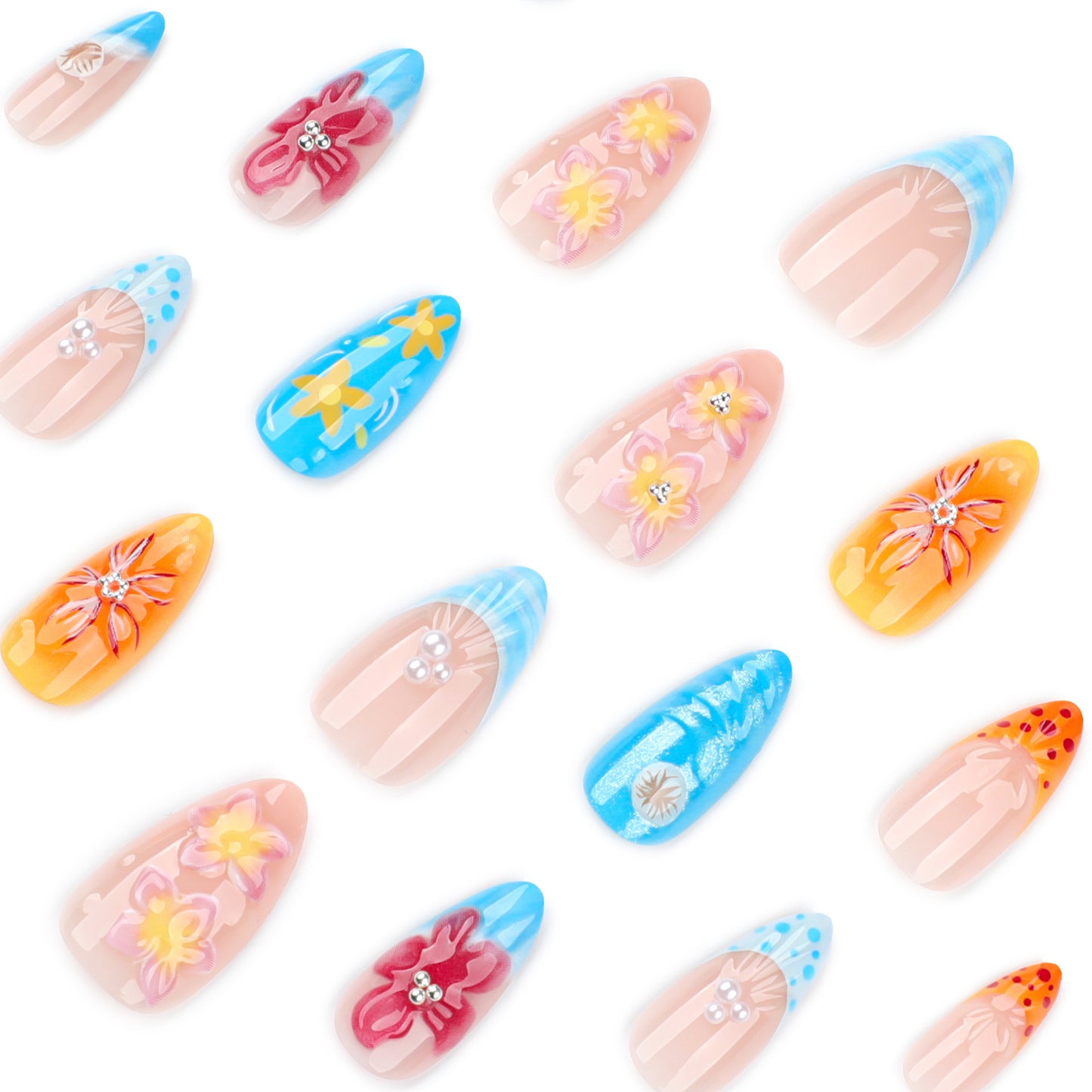 Manicure tropical 3D de flores tropicais mais vendidas usando unhas curtas amendoadas usando unhas postiças |365nails
