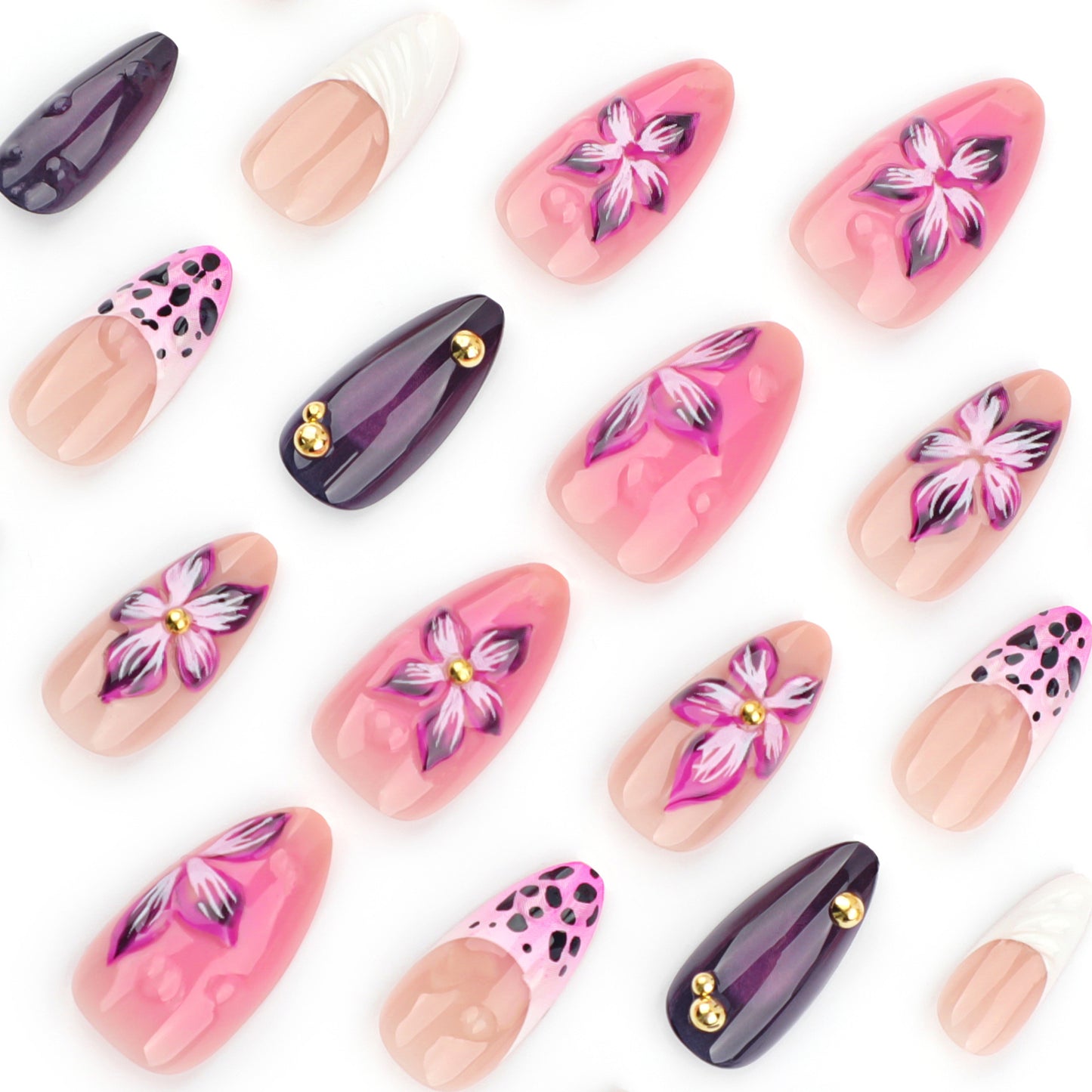 Manicure francesa com estampa de leopardo rosa e borda branca 3D com explosão de flores tridimensionais |365nails