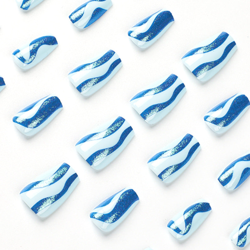 Wear nail short ballet blue glitter wave nail patch Wear nail wholesale Wear nail advanced nails|365nails