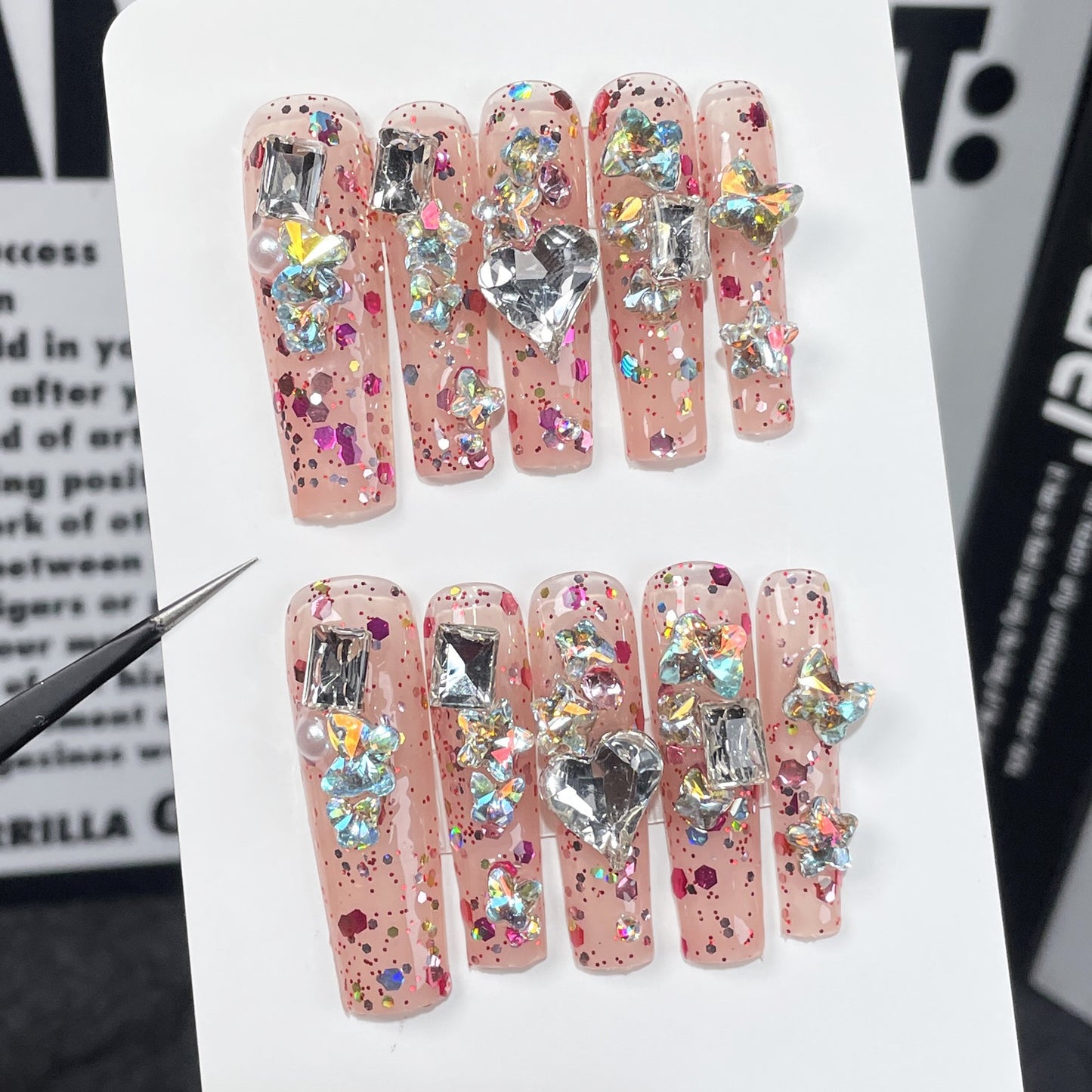 Pinças de água médias e longas, nail art, flash transparente cheio de diamantes, feito à mão, adesivos|365nails