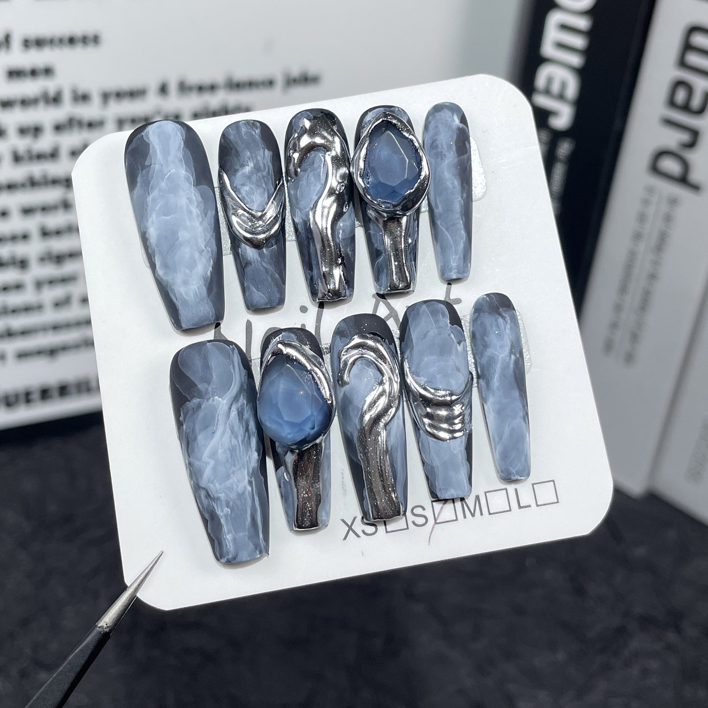 Light luxury heavy industry handmade press-on nails watercolor smudge advanced long nail art patch metal three-dimensional modeling fake nails|365nails