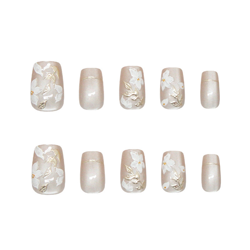 Nail Tips prefabricated nail three-dimensional gilt leaves white flowers cat eye retro white press on nails 30 pieces|365nails
