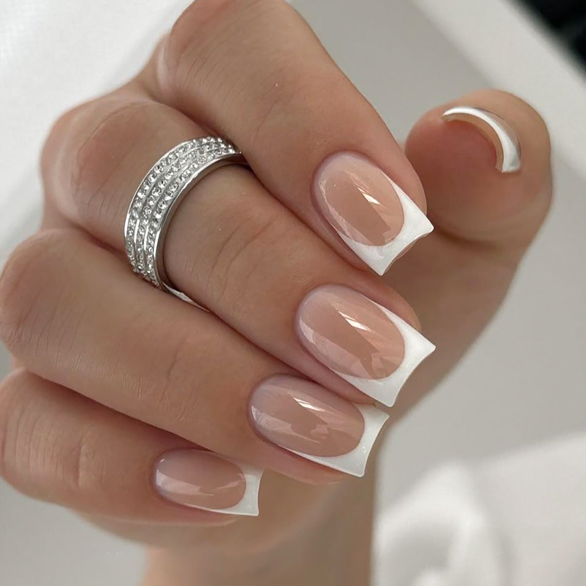 Nude white edge simple fake nail art sticker rectangular nail piece wholesale|365nails