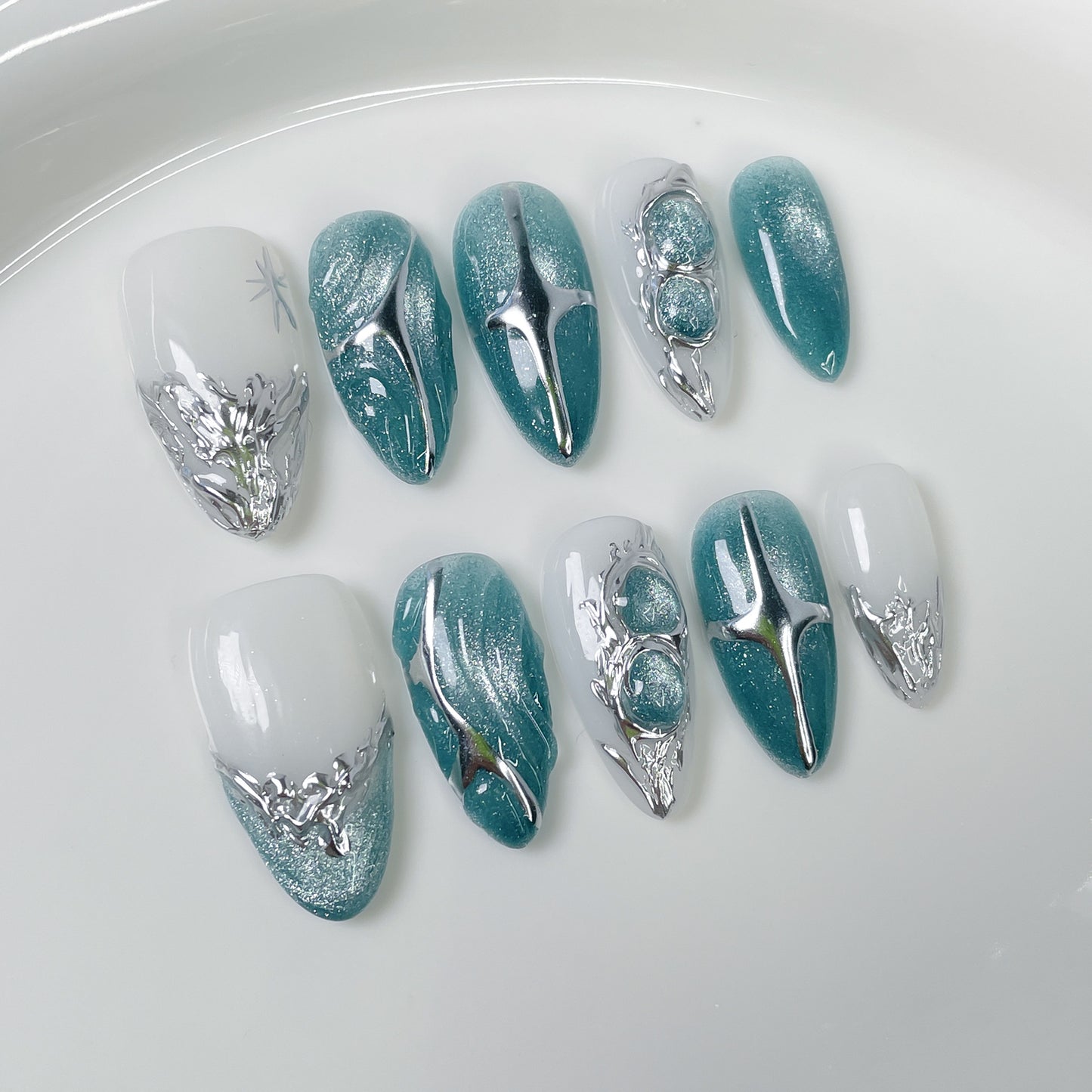 Almond ice through cat eye metal relief press-on nails pure handmade |365nails