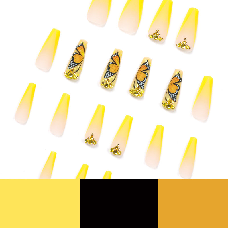 Unhas postiças francesas chanfradas amarelas premium com strass borboleta, atacado de unhas postiças, vestindo armadura | 365 unhas