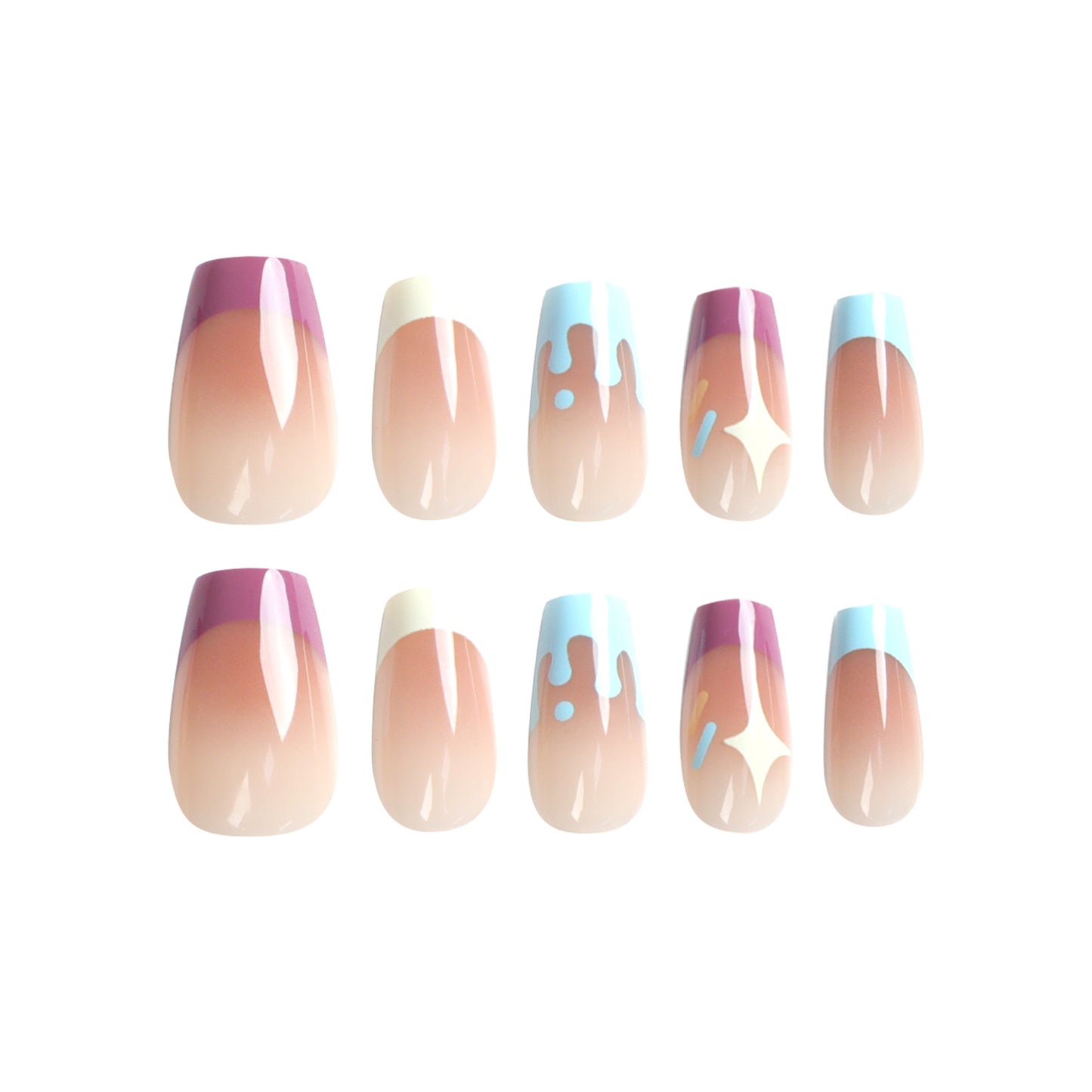 Vestindo armadura, lindo coração azul fluindo, feitiço duplo amarelo e roxo, branco francês, estrela ins vento vestindo armadura, atacado.|365nails