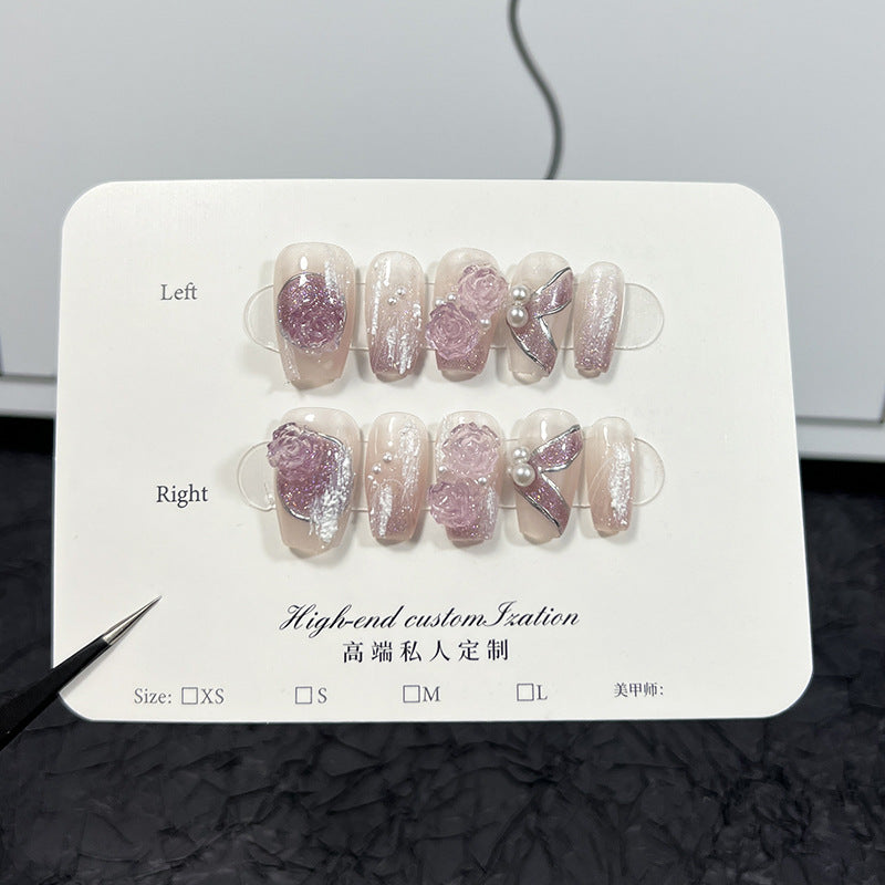 Pure handmade press-on nails purple colorful three-dimensional gradual change camellia short nail patch wearable fake nails|365nails