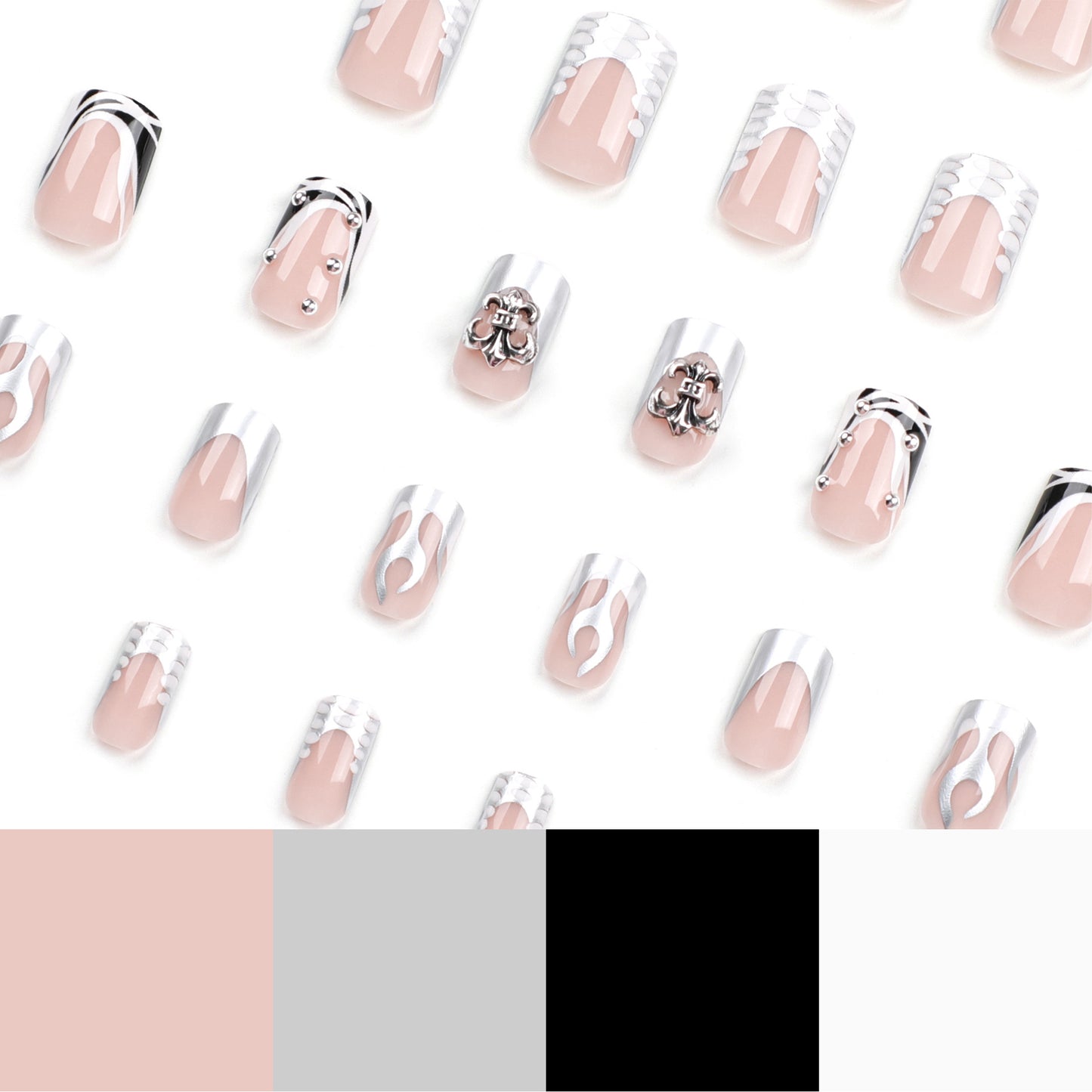 Uñas postizas con diseño de llama plateada, color nude, con diseño de llama plateada, al por mayor | 365nails