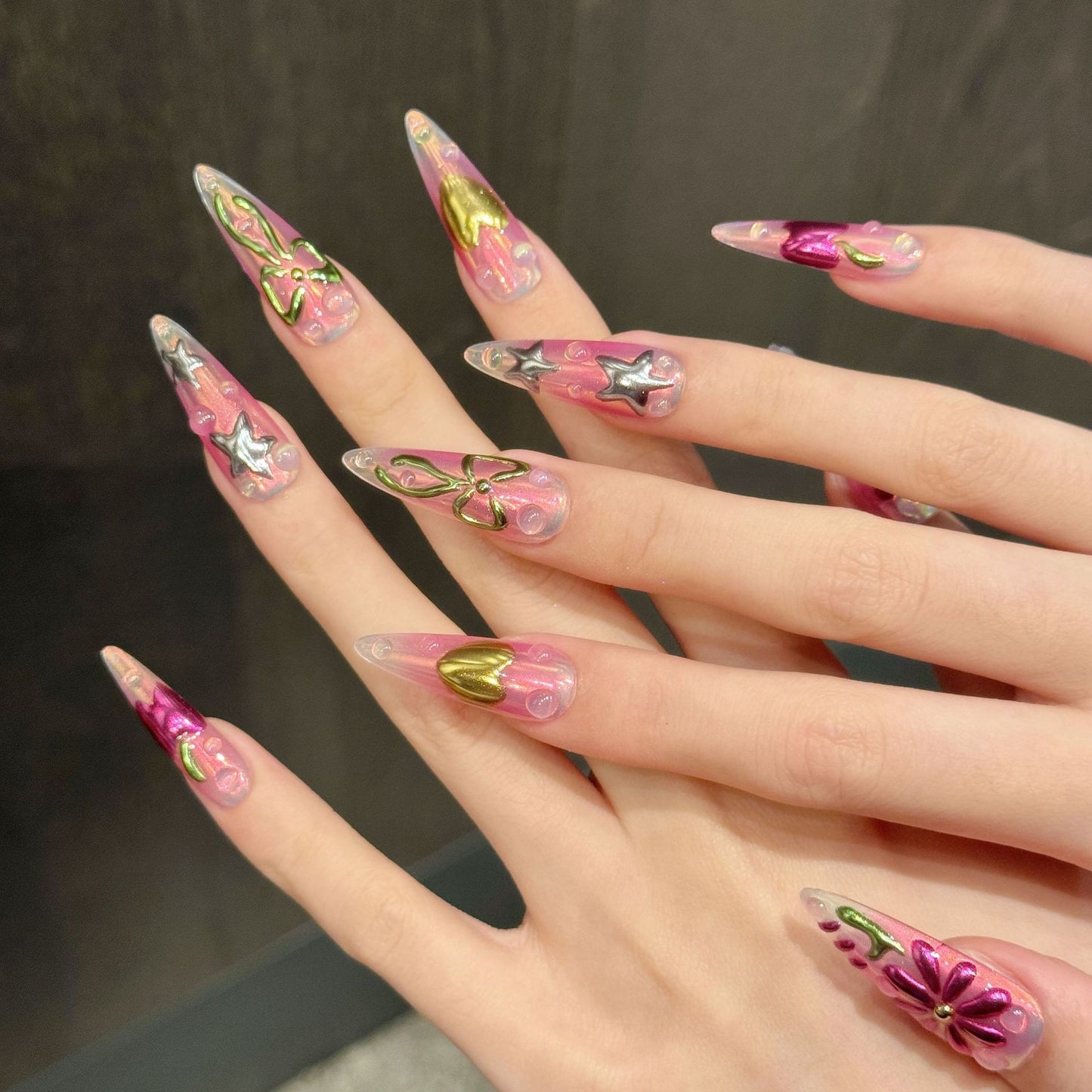 Island Holiday Spice Girl Painted Magic Mirror Pink Flowers Pure Handmade nails | 365nails
