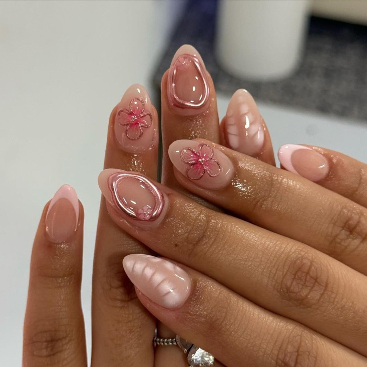 Short almond manicure French pink 3D flower |365nails