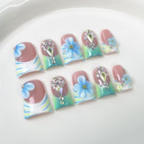 Unhas de bico de pato transparentes, francesas, tridimensionais, azuis, pintadas à mão, personalizadas, unhas postiças, puras, feitas à mão|365nails