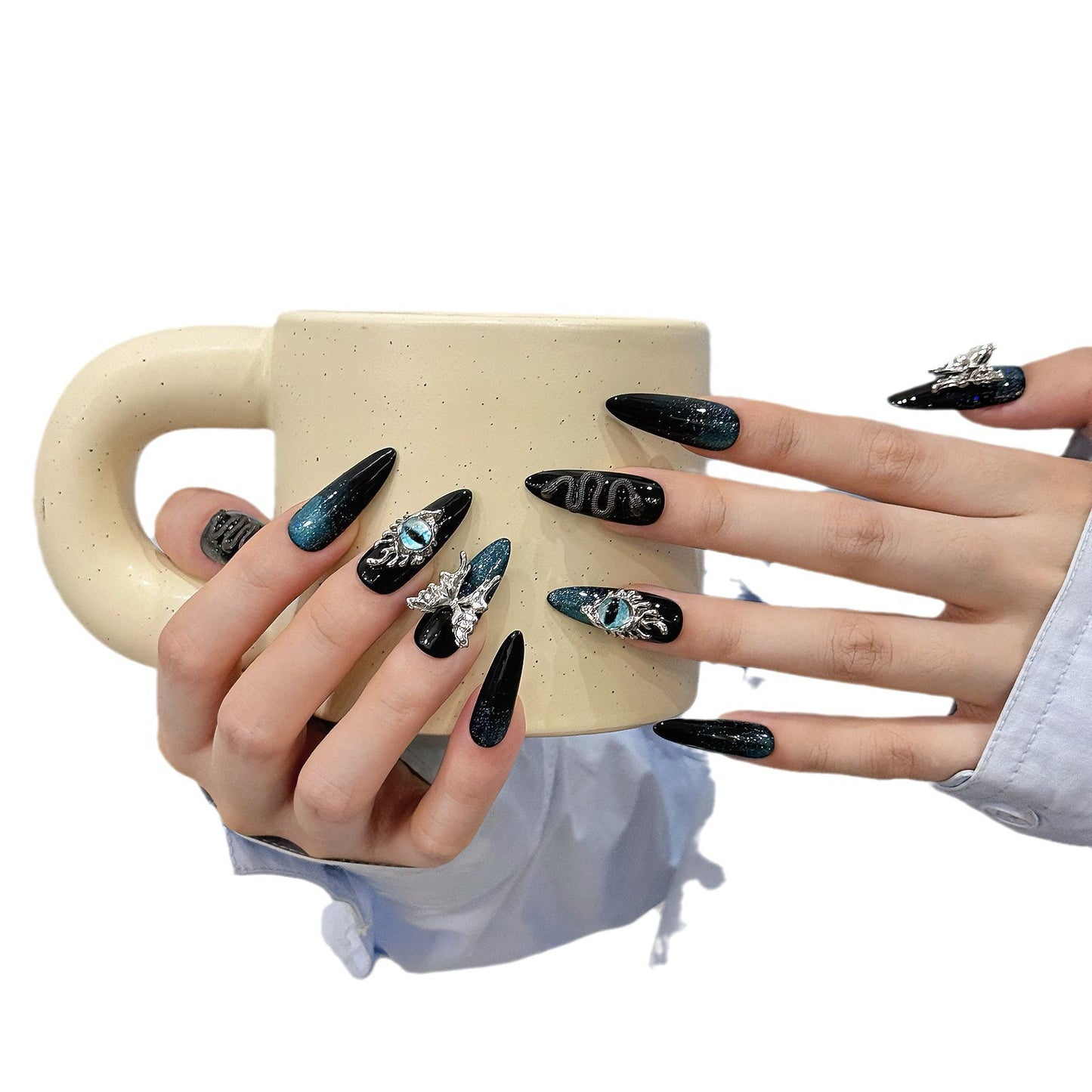 Unhas postiças artesanais Real Shot Tridimensional Snake Court Verde Escuro Personalidade Escura Unhas postiças Removíveis | 365nails