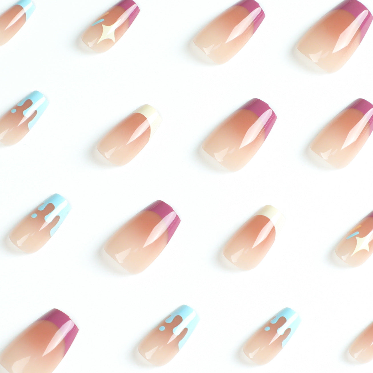 Vestindo armadura, lindo coração azul fluindo, feitiço duplo amarelo e roxo, branco francês, estrela ins vento vestindo armadura, atacado.|365nails