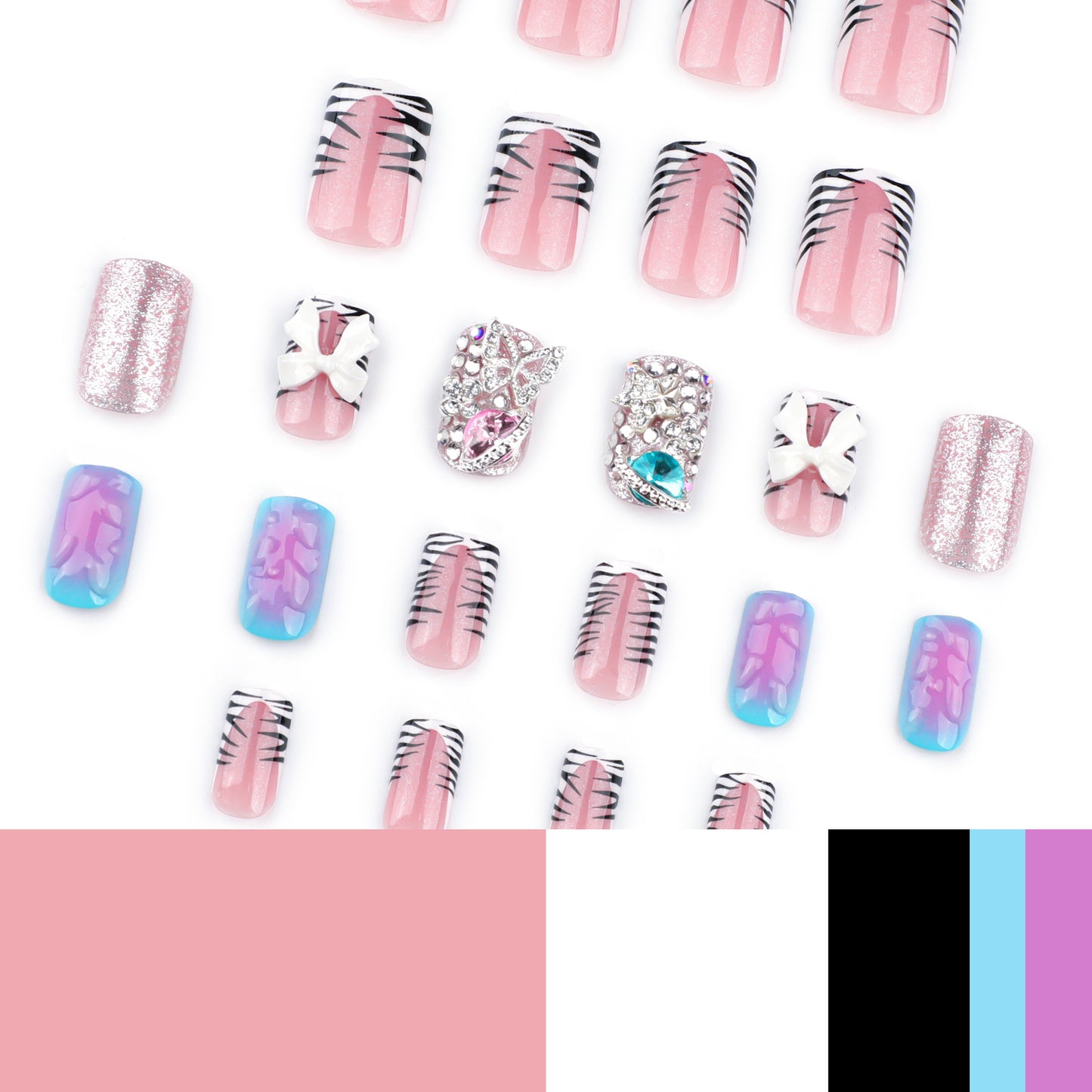 Manicura cuadrada corta con efecto de cebra en blanco y negro francés, con destellos de diamante y explosión, venta al por mayor | 365nails