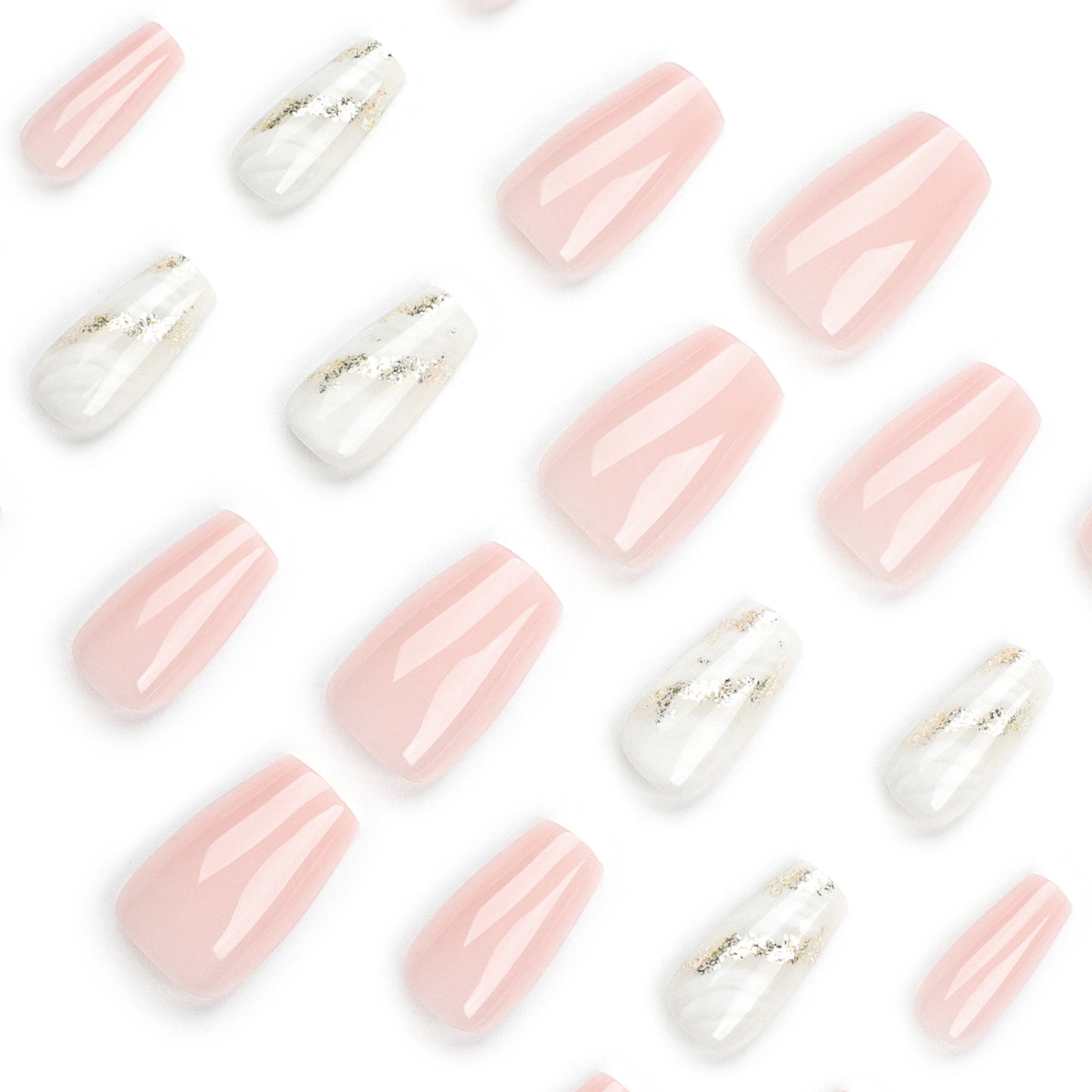 Solid color pink press on nails white smudged gold glitter streamer nail piece finished ballet removable nail art|365nails