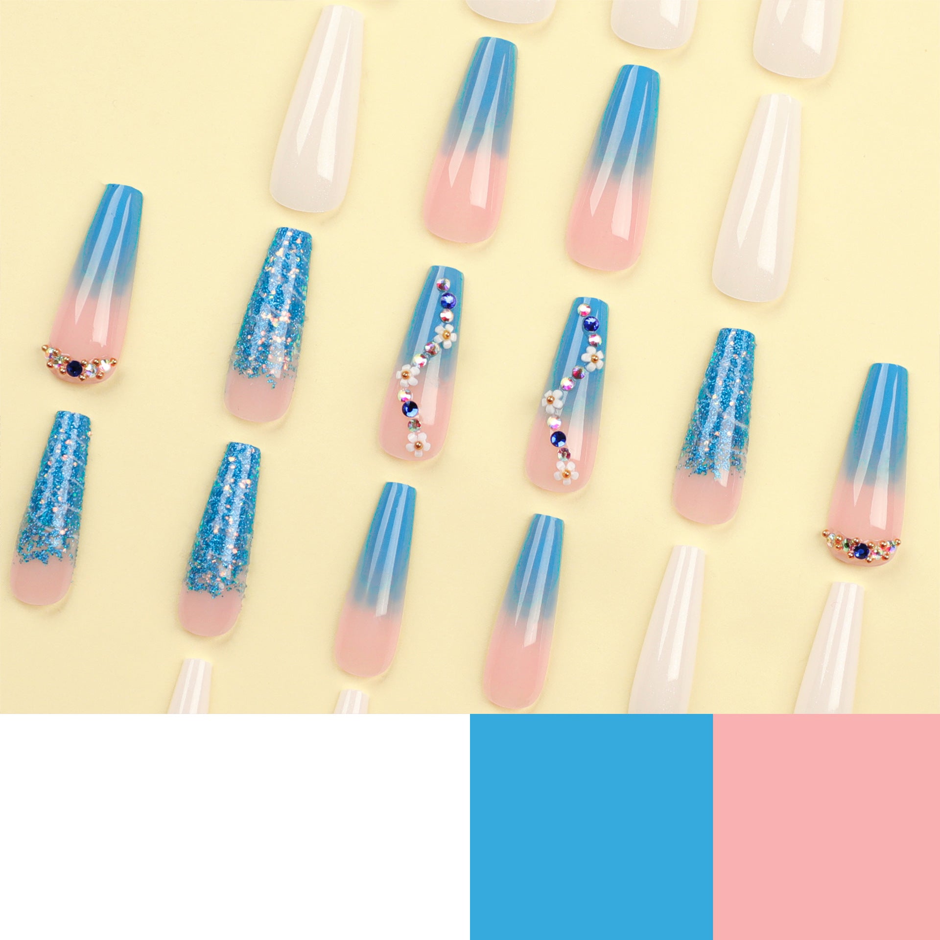 Pieza de manicura de ballet larga Blanco perla Lentejuelas de cambio gradual azul Diamante brillante Blanco otoño e invierno |365nails