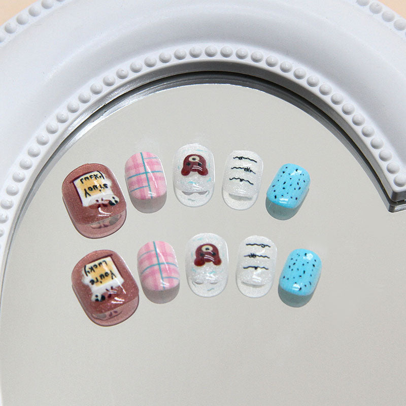 Brown three-dimensional bear fine flash cat eye blue pink kids nails|365nails