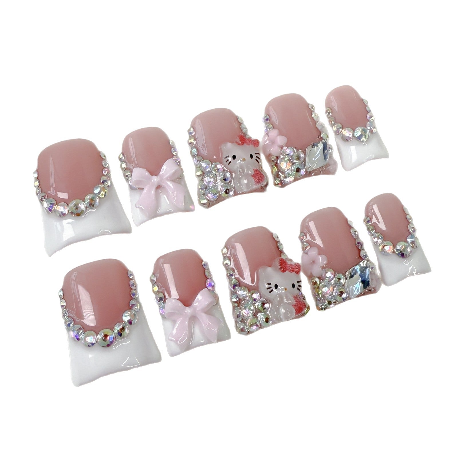 sweet bow cute KT cat  Duckbill Shape nail ice through French flash Handmade Press-on Nails fake nails|365nails