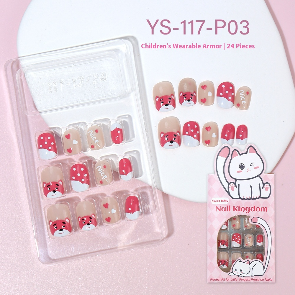 Children press on nails, cartoon 24-piece boxed finished product, sweet and cute children's removable fake nail patch manicure