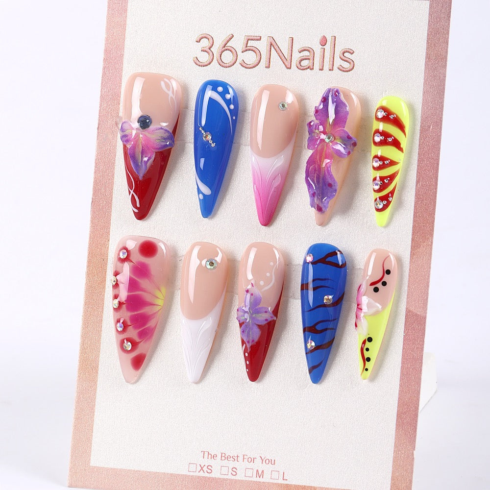 365Nails Pop-Color French with 3D Purple Orchid and Rhinestone Accents Press-On Nails