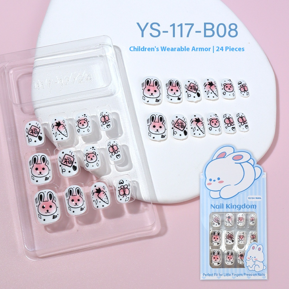 Children press on nails, cartoon 24-piece boxed finished product, sweet and cute children's removable fake nail patch manicure