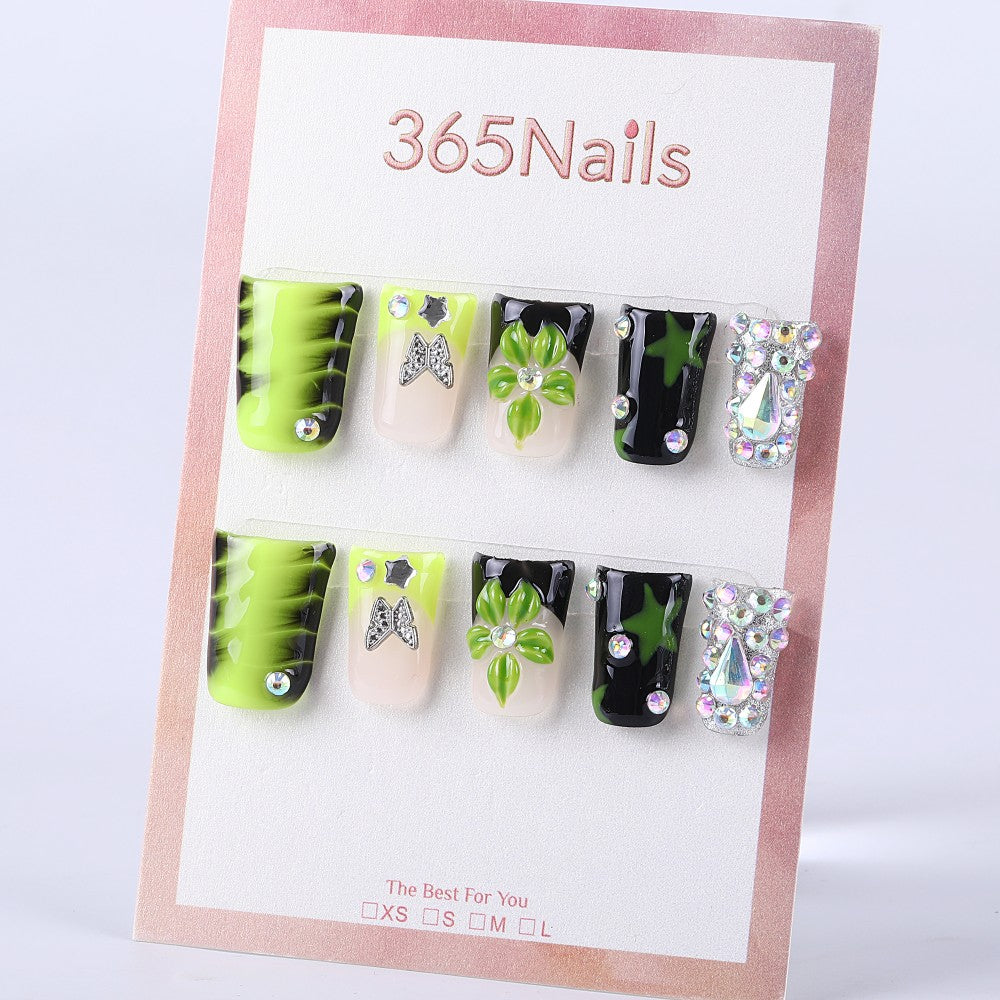 Fluorescent lime green and black short square 3D flower star and full diamond brilliance press on nail