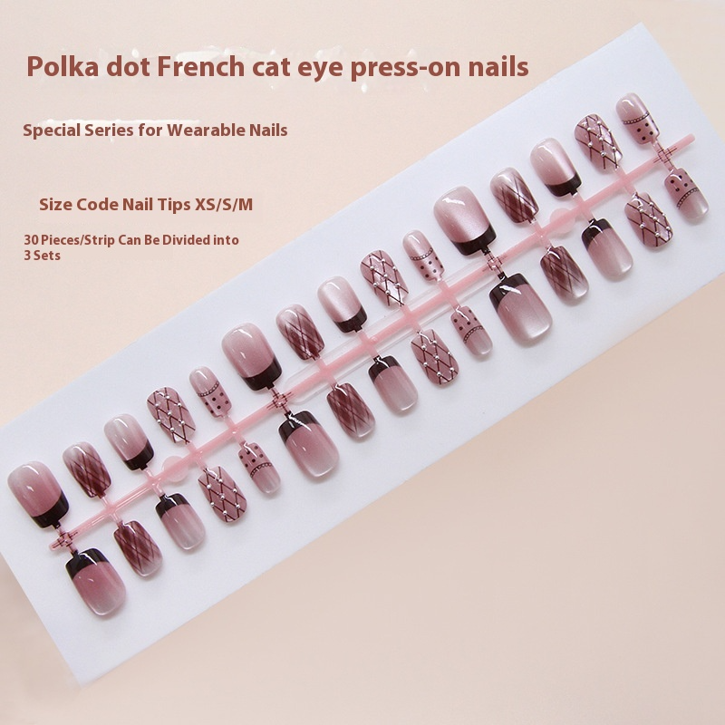 Nail Tips Prefabricated Nail Polka Dot Lace Silver Bean Checked Red Brown French Cat Eye ins Pneumatic Diamond Nail Art 30 Pieces|365nails