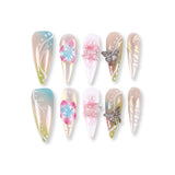 365Nails Uñas postizas largas de estilete color melocotón transparente con degradado menta-azul, pétalos 3D, lazos de cristal y detalles de mariposas.